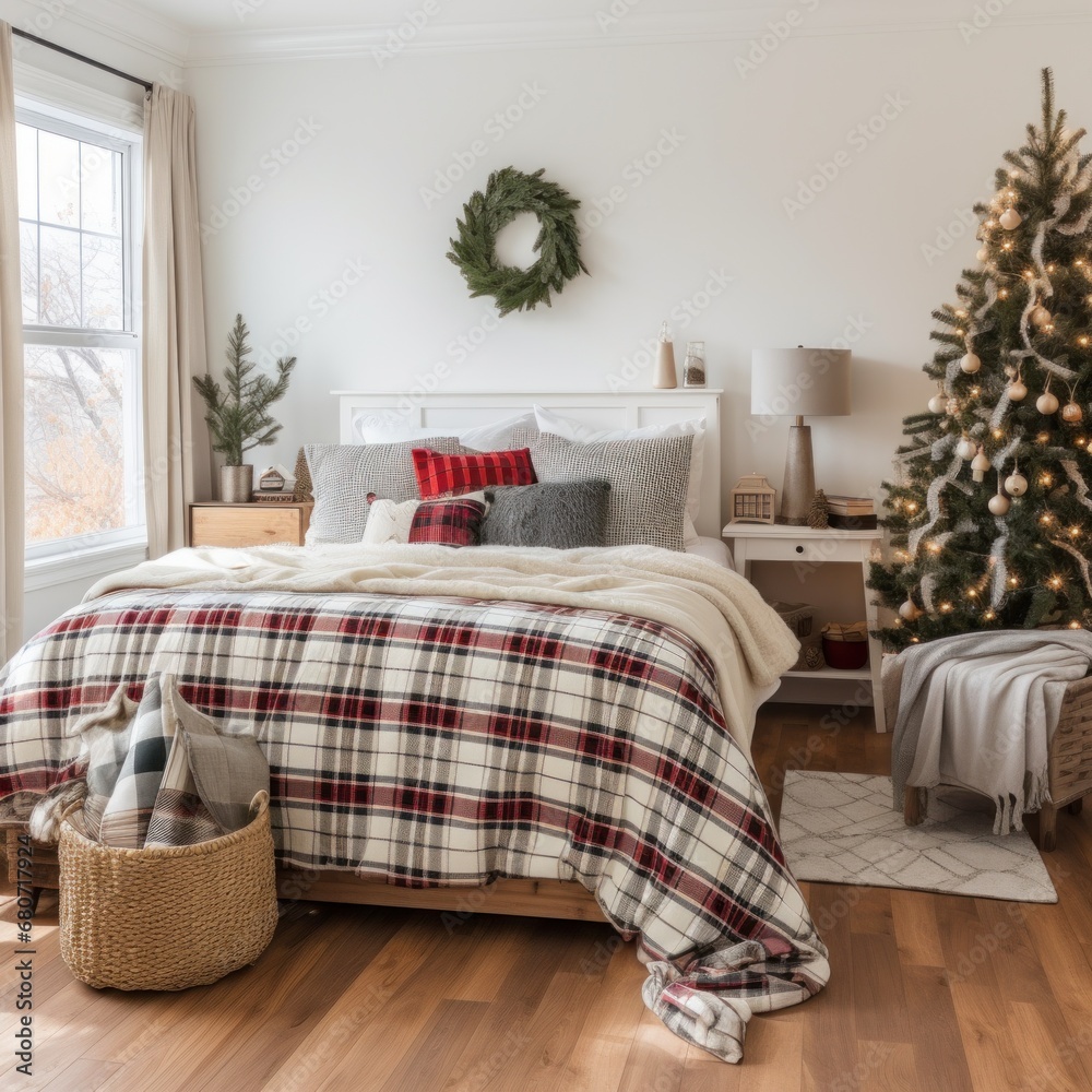 Cozy bedroom with a plaid blanket and holiday-themed pillows