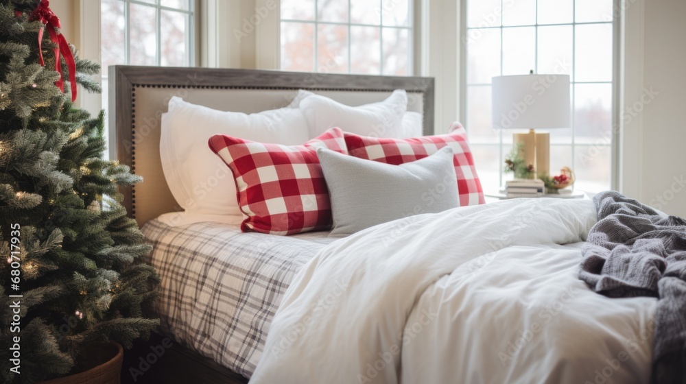 Cozy bedroom with a plaid blanket and holiday-themed pillows