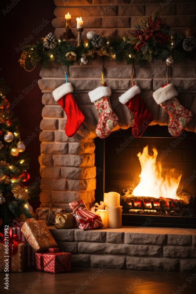 A fireplace decorated with ornaments and stockings