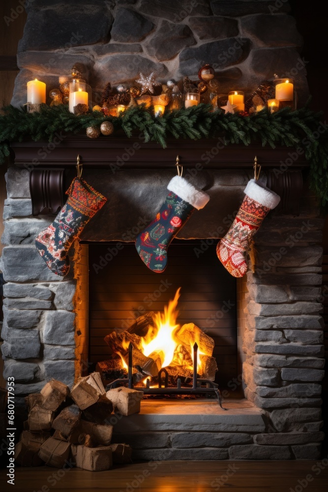 A fireplace decorated with ornaments and stockings