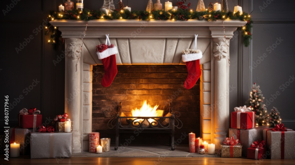 A fireplace decorated with ornaments and stockings