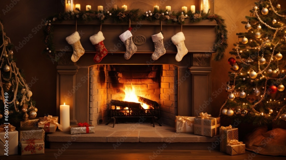 A fireplace decorated with ornaments and stockings