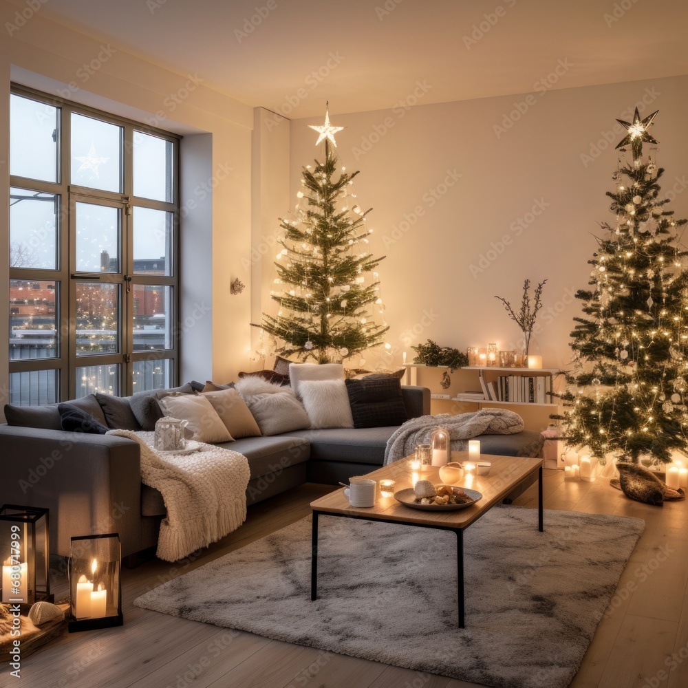 A cozy living room with a Christmas tree in the corner, decorated with lights and ornaments