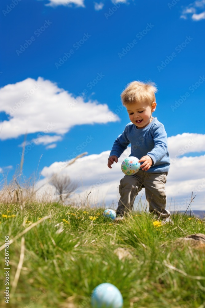 Playful shot of a child hunting for Easter eggs in a grassy field with a blue sky and white clouds background