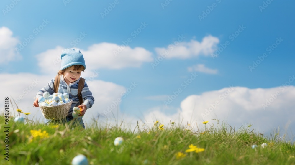 Playful shot of a child hunting for Easter eggs in a grassy field with a blue sky and white clouds background