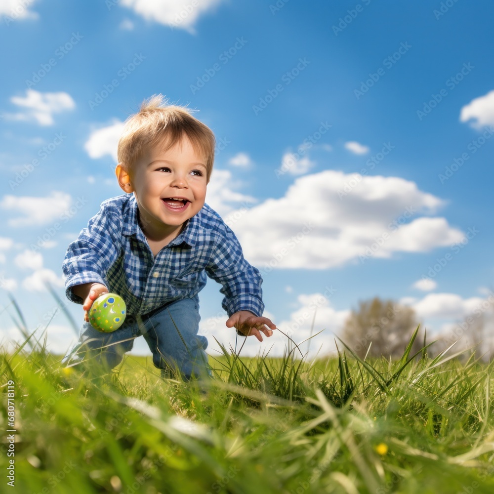 Playful shot of a child hunting for Easter eggs in a grassy field with a blue sky and white clouds background