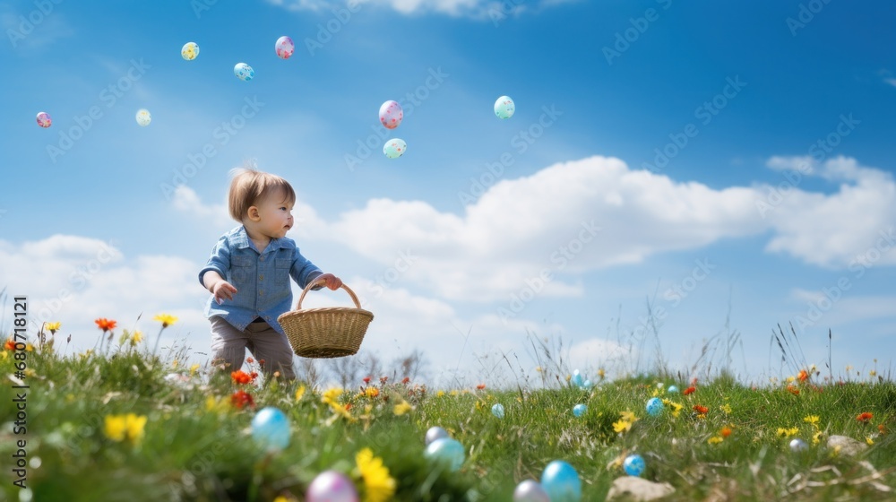 Playful shot of a child hunting for Easter eggs in a grassy field with a blue sky and white clouds background