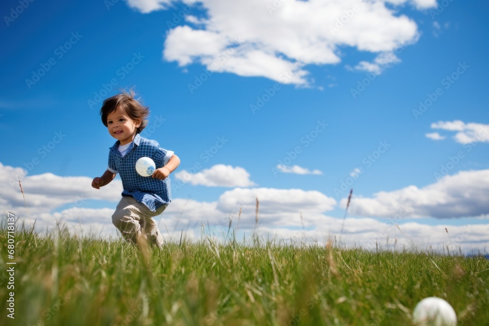 Playful shot of a child hunting for Easter eggs in a grassy field with a blue sky and white clouds background