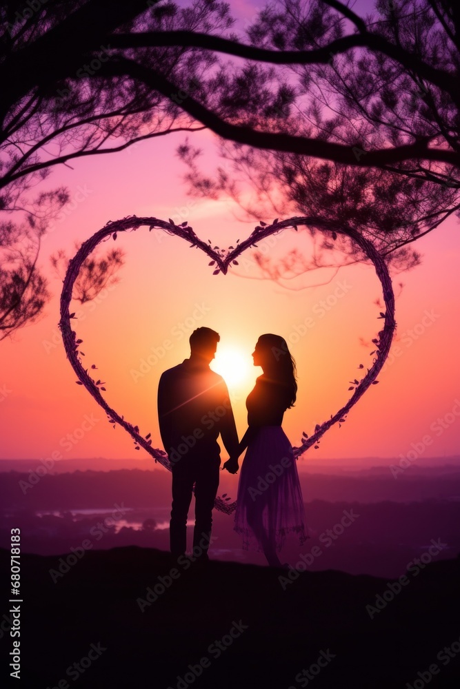 Couples silhouettes against a pink and purple sunset with a heart-shaped sun flare