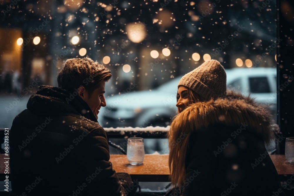 A man and woman sitting on a bench together, drinking hot cocoa and watching the snow fall.