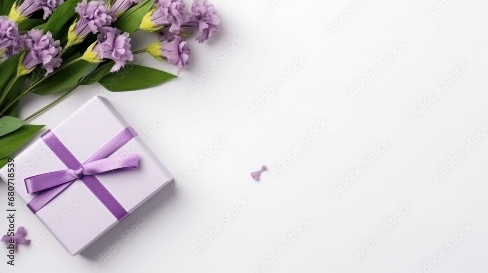 small bouquet of purple flowers on a white background with a gift box