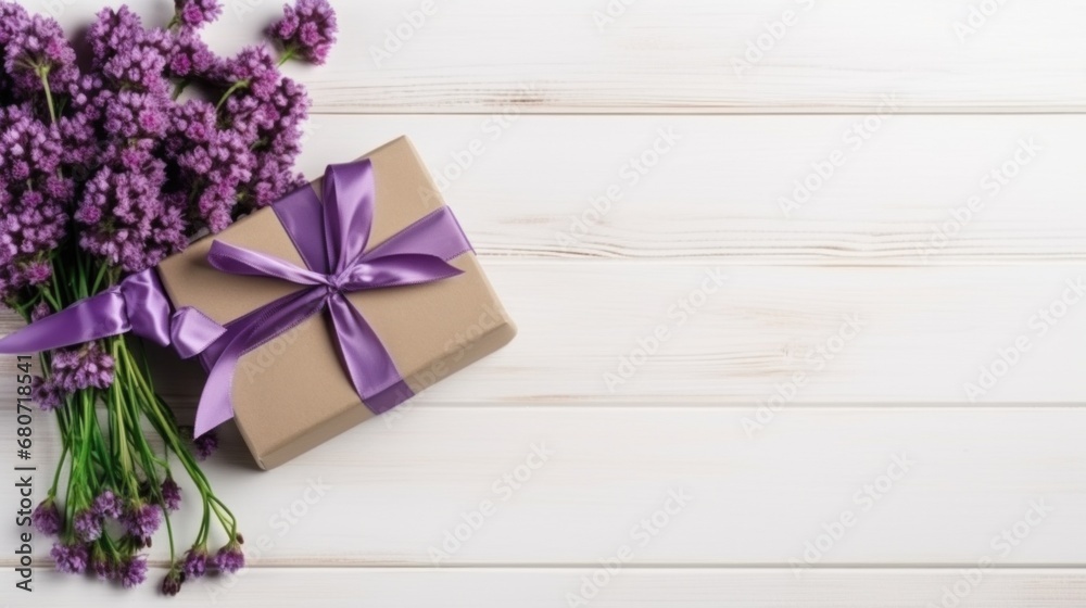 small bouquet of purple flowers on a white background with a gift box