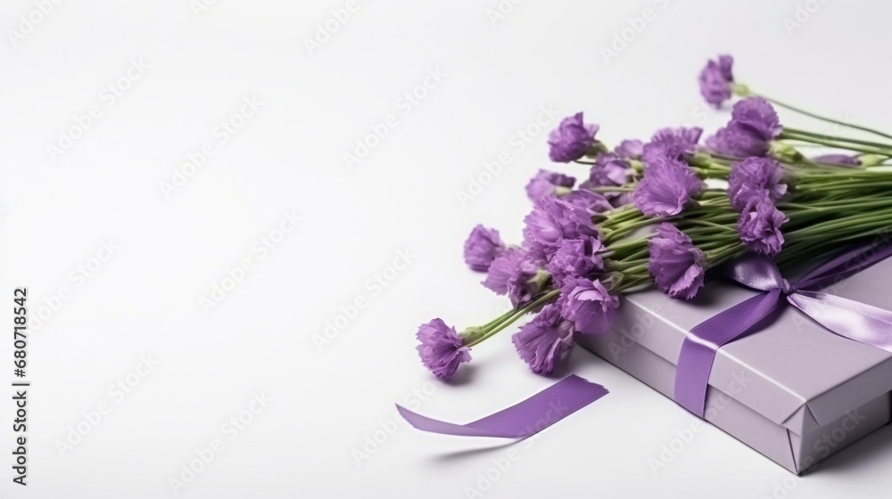 small bouquet of purple flowers on a white background with a gift box