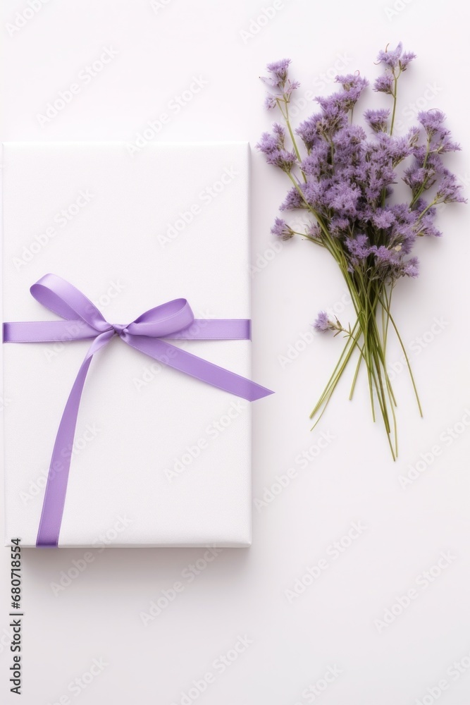 small bouquet of purple flowers on a white background with a gift box