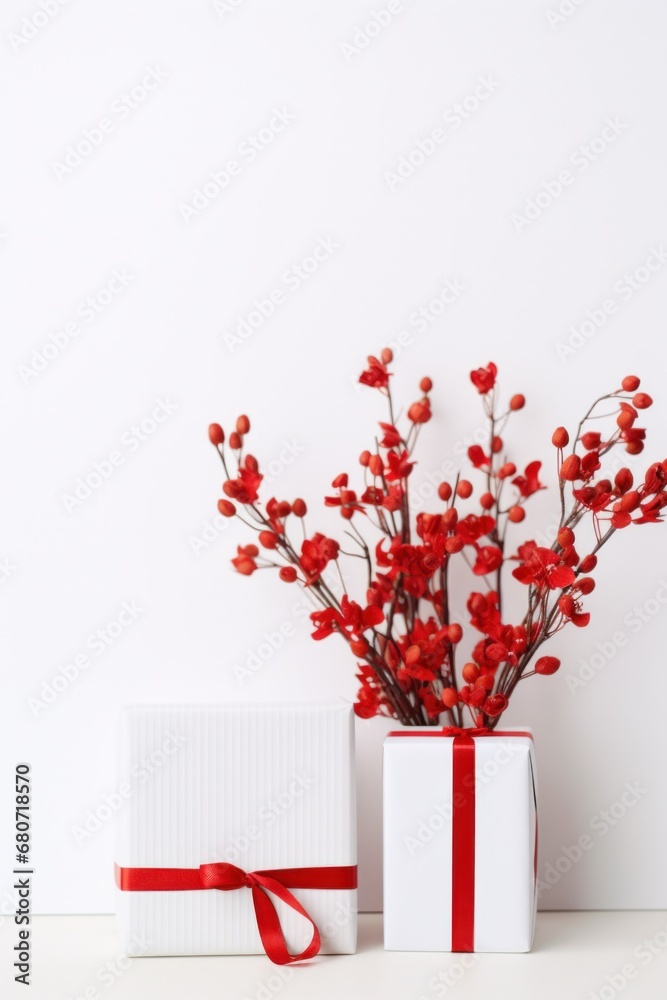 small bouquet of red flowers on a white background with a gift box