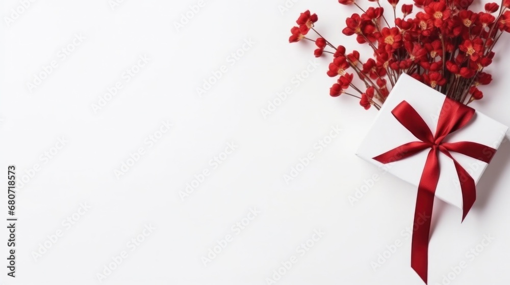 small bouquet of red flowers on a white background with a gift box