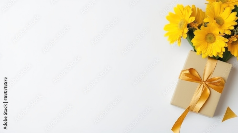 Small bouquet of yellow flowers on a white background with a gift box