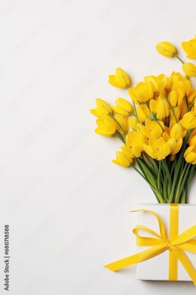 Small bouquet of yellow flowers on a white background with a gift box