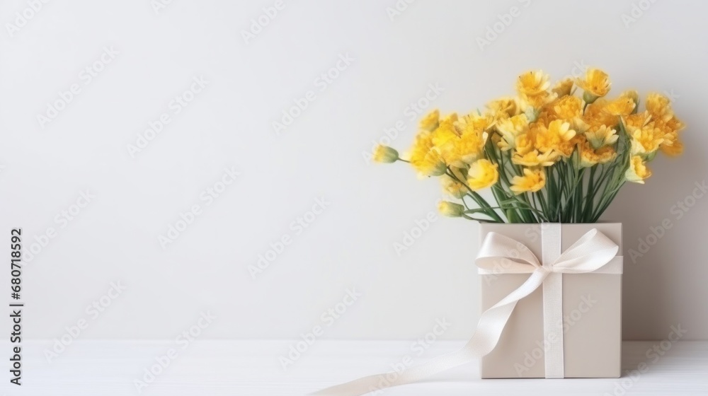 Small bouquet of yellow flowers on a white background with a gift box