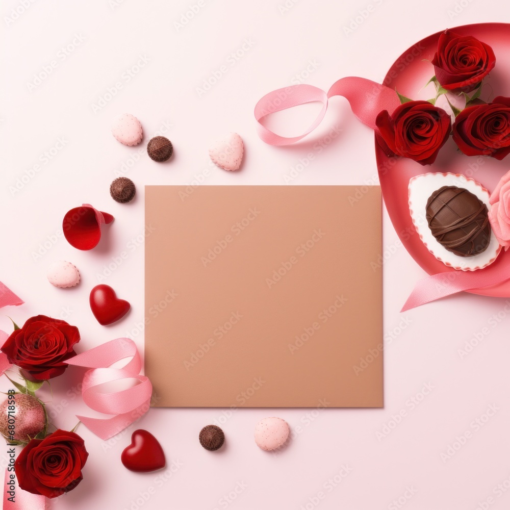 A minimalistic flat-lay photo of various Valentines Day-themed items