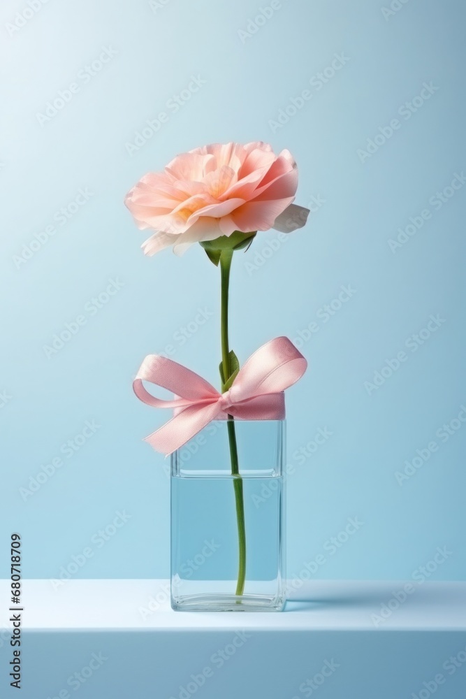 A pink flower in a glass vase sits on a light blue background with a gift box