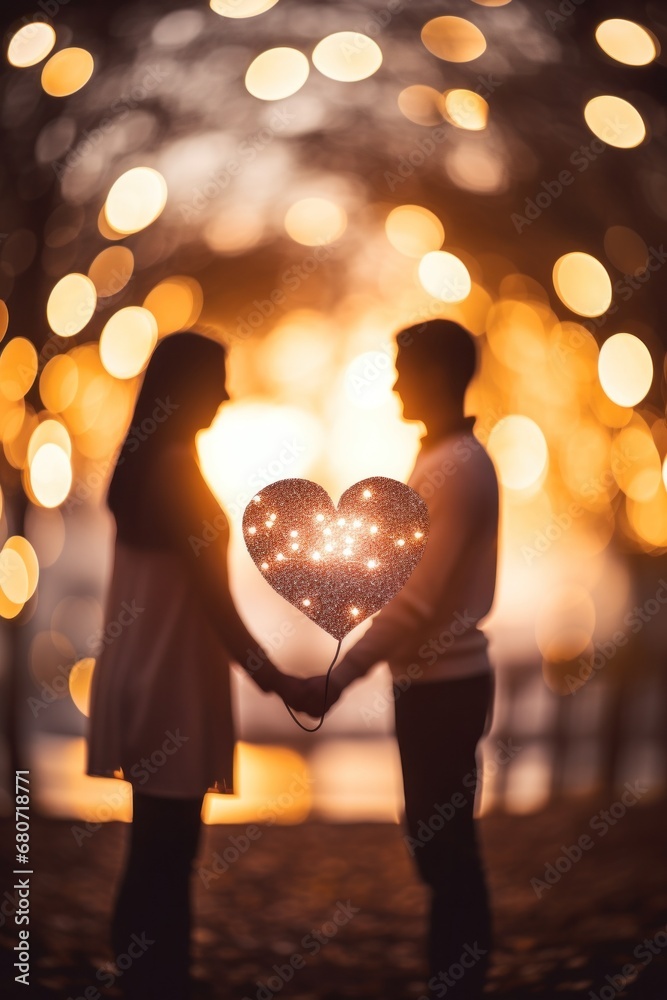 A romantic scene of a couple holding hands with a blurred heart-shaped bokeh in the background