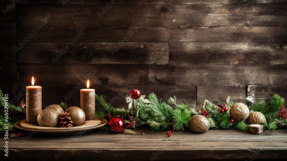 A rustic wooden table with candles, greenery, and a plate of Christmas cookies