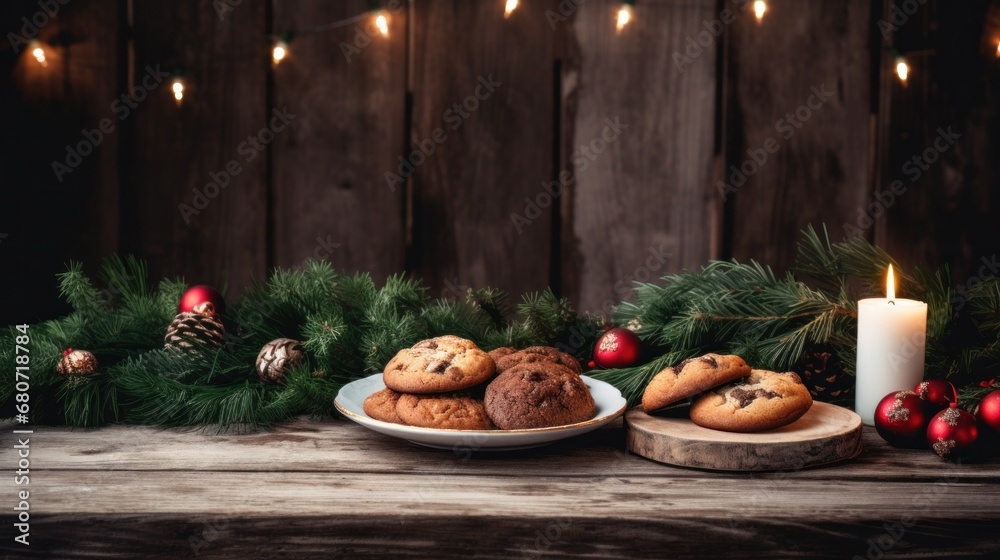 A rustic wooden table with candles, greenery, and a plate of Christmas cookies