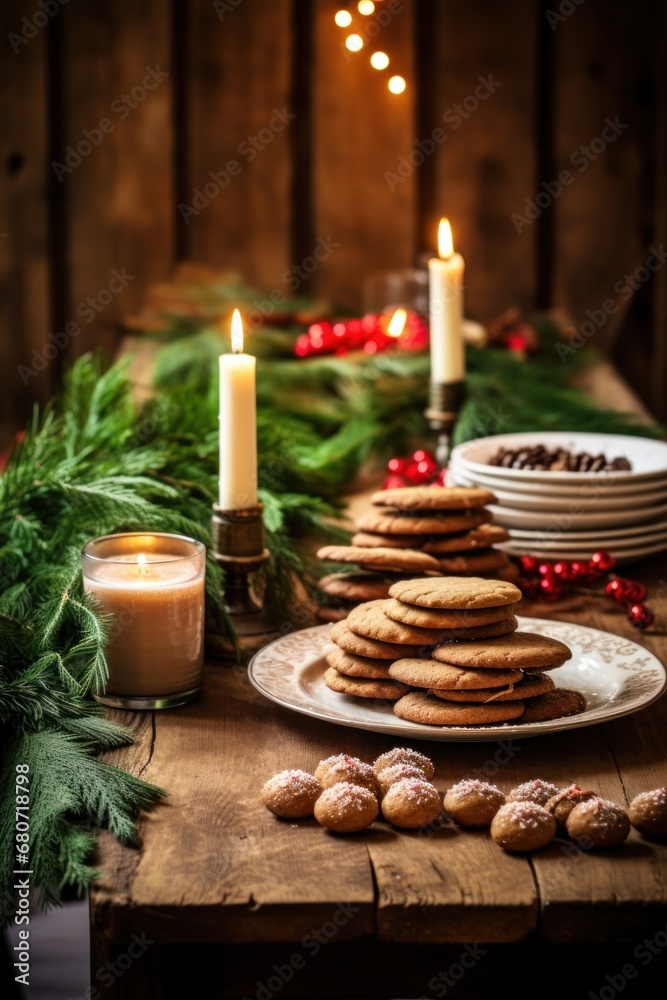 A rustic wooden table with candles, greenery, and a plate of Christmas cookies