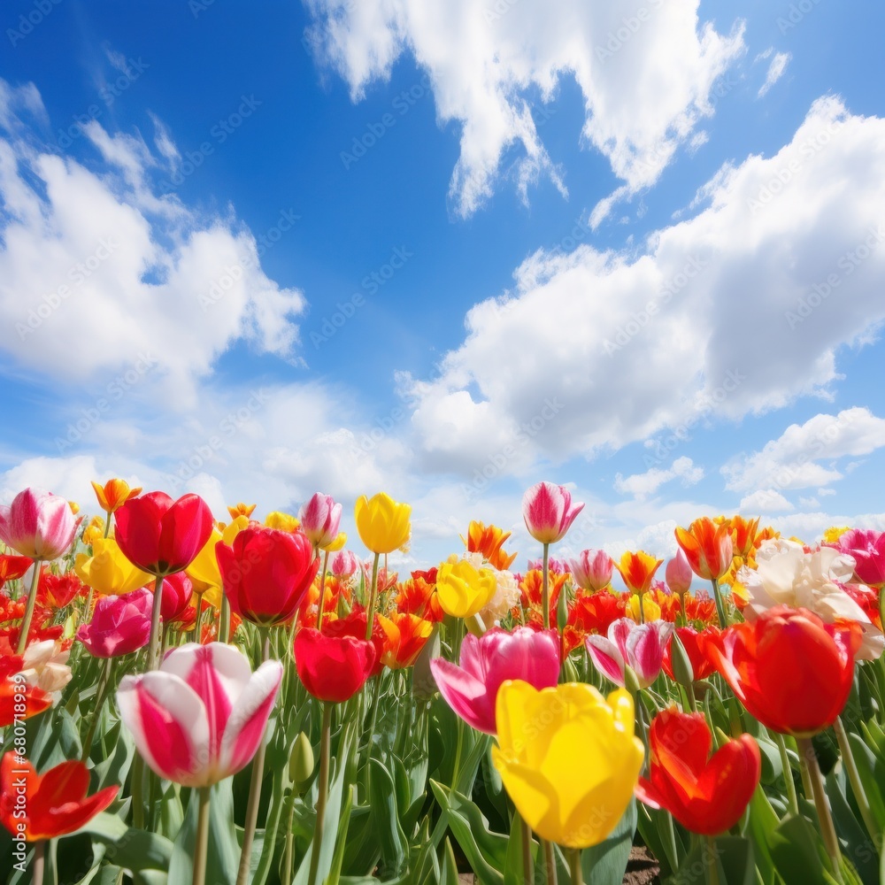 A vibrant and colorful tulip garden with a blue sky and white clouds backdrop