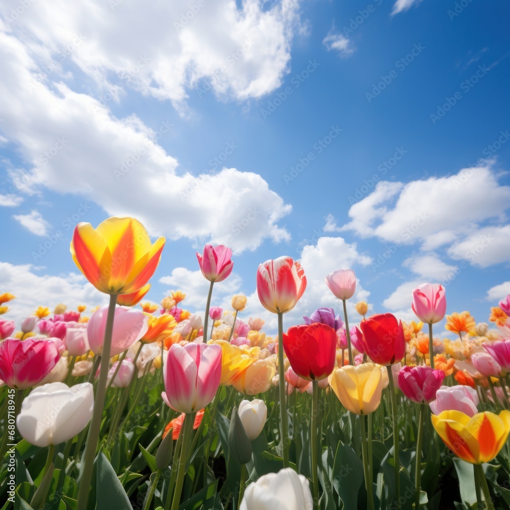 A vibrant and colorful tulip garden with a blue sky and white clouds backdrop