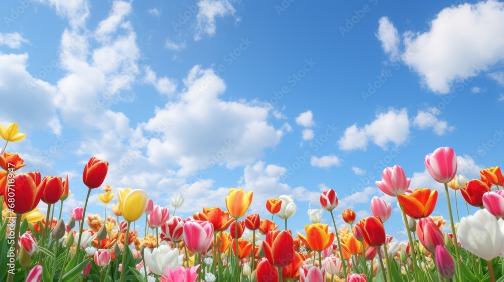 A vibrant and colorful tulip garden with a blue sky and white clouds backdrop