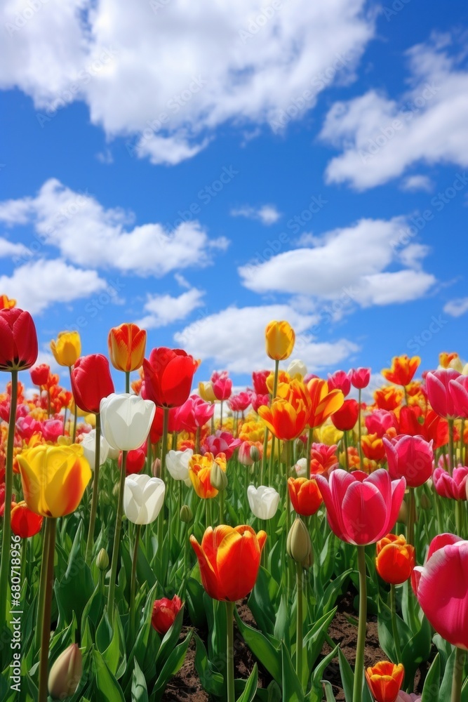 A vibrant and colorful tulip garden with a blue sky and white clouds backdrop