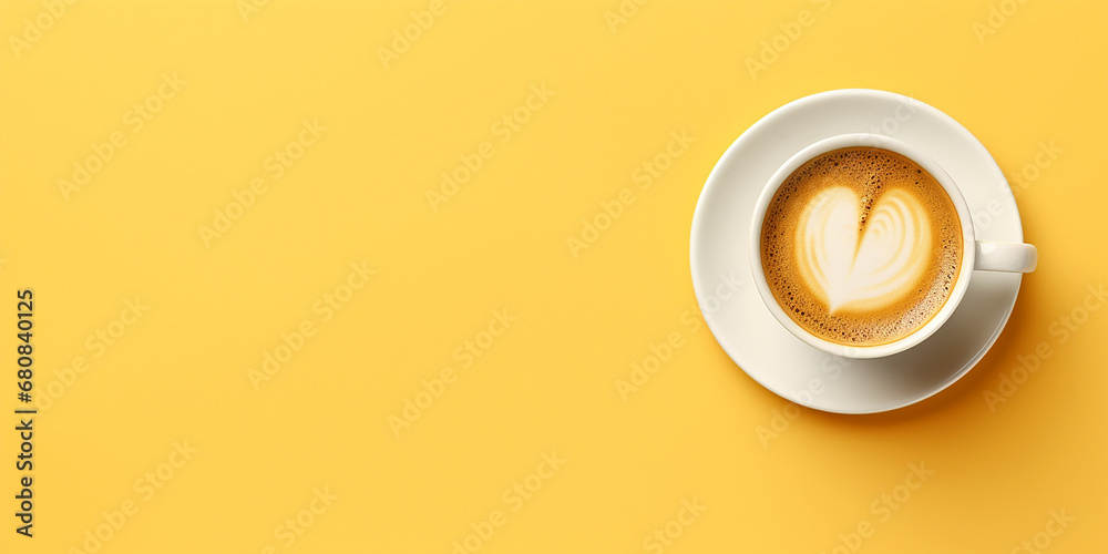 flat lay, cup of coffee on a yellow background. cappuccino, top view