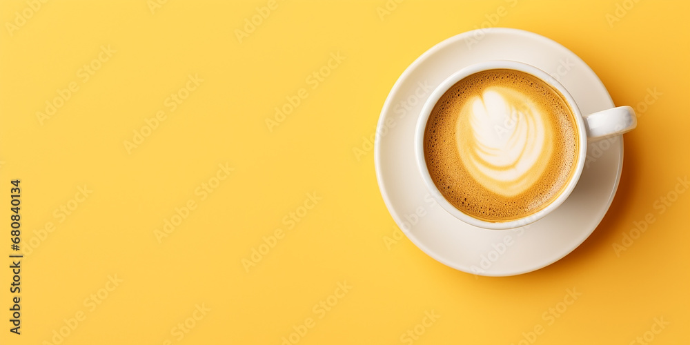 flat lay, cup of coffee on a yellow background. cappuccino, top view