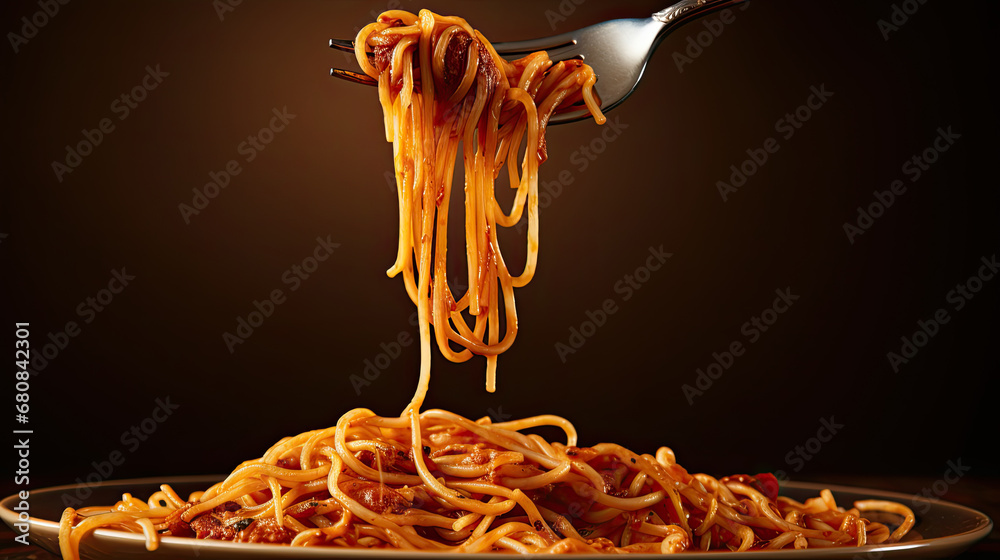 Isolated Fork with spaghetti pasta mozzarella aubergine  on white background, Fork with tasty pasta i