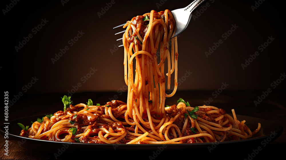 Isolated Fork with spaghetti pasta mozzarella aubergine  on white background, Fork with tasty pasta i