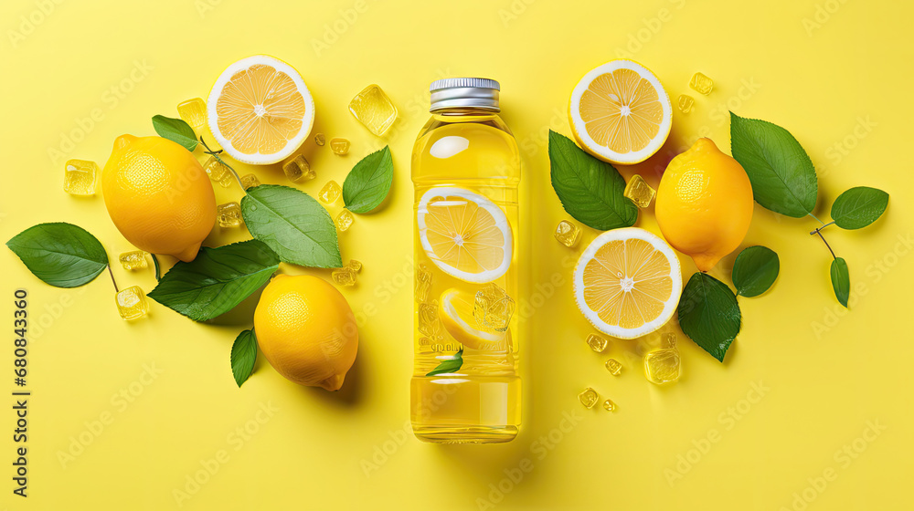 Creative summer composition with lemon slice, mint leaves, can of soda and ice cubes. Minimal lemonade drink concept. copy space