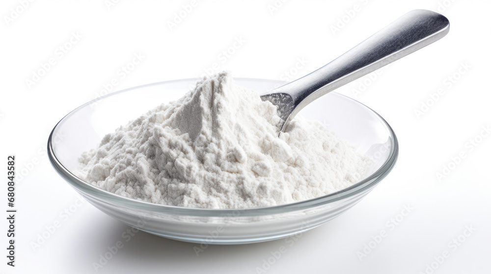 Creatine in measuring spoon isolated on white background, sport nutrition, bodybuilding food supplements.