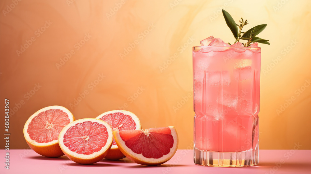 Cold grapefruit cocktail decorated twig rosemary and slice citrus on pink background.