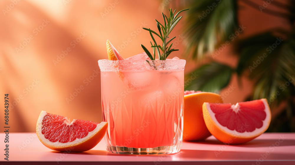 Cold grapefruit cocktail decorated twig rosemary and slice citrus on pink background.