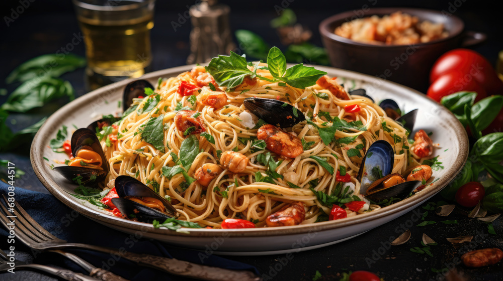 Italian Traditional seafood spaghetti. Seafood pasta made from spaghetti with mixed seafood,cherry tomatoes on white plate with a glass of wine