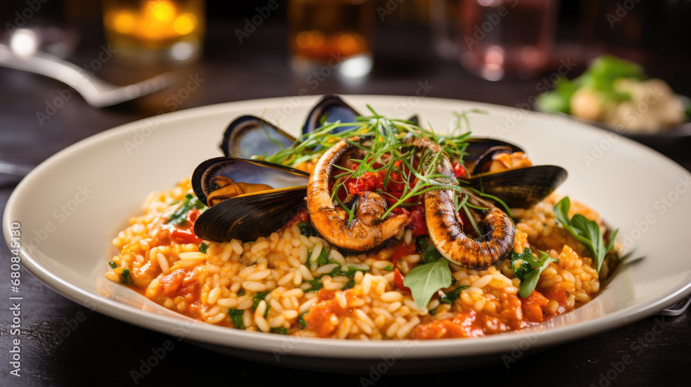 Italian food concept. Risotto with seafood, mussels, octopuses, squid. Serving dishes in a white plate.