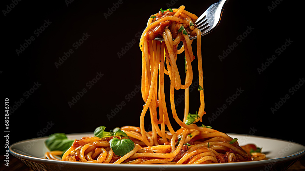 Isolated Fork with spaghetti pasta mozzarella aubergine  on white background, Fork with tasty pasta i