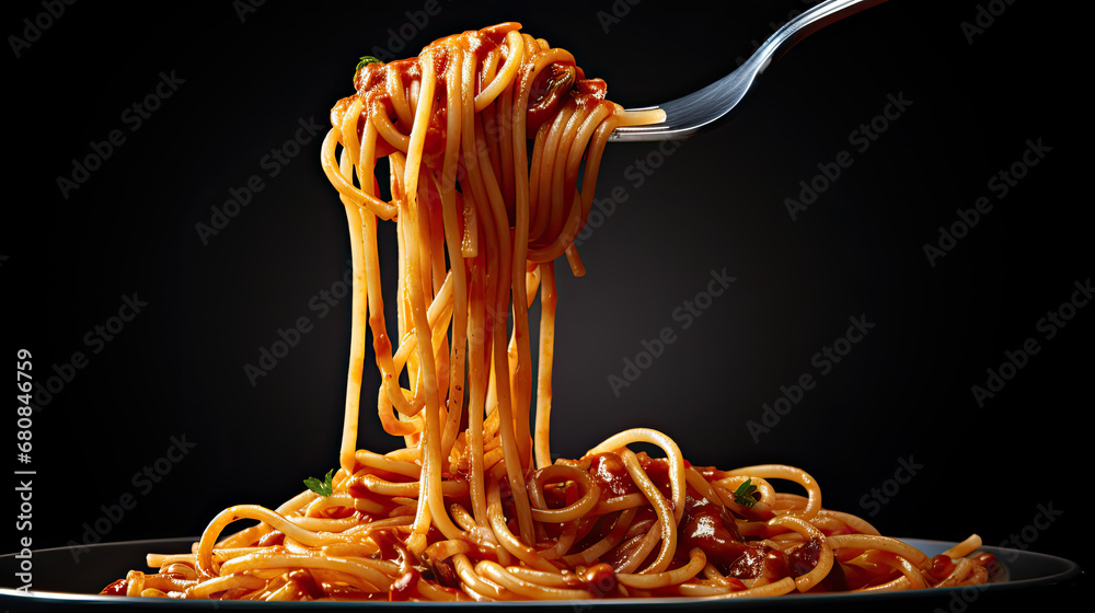 Isolated Fork with spaghetti pasta mozzarella aubergine  on white background, Fork with tasty pasta i