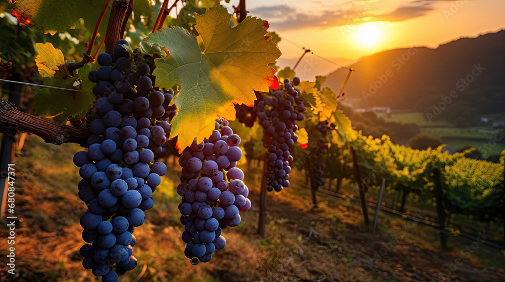 Ripe grapes in vineyard at sunset, Beautiful sunset over Tuscan vineyards.