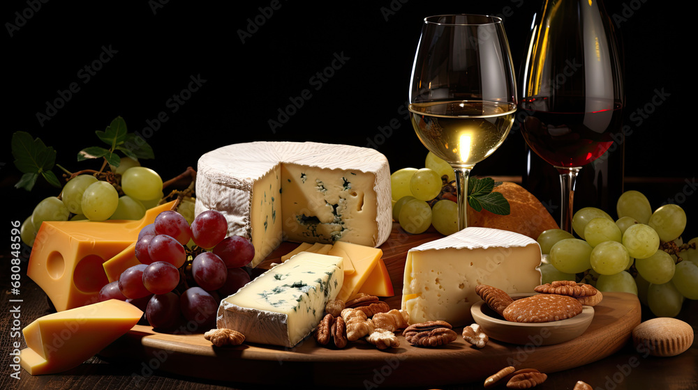 Different kinds of cheeses, wine, baguettes, fruits and snacks on rustic wooden table from above. French tasting party or feast scenery, Gourmet Delight , An Artful Array of Cheeses and Grapes