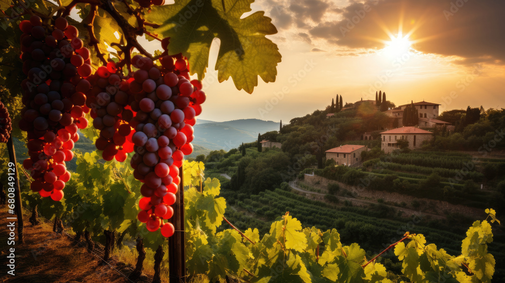 Beautiful sunset over Tuscan vineyards.red grapes in vineyard at sunset