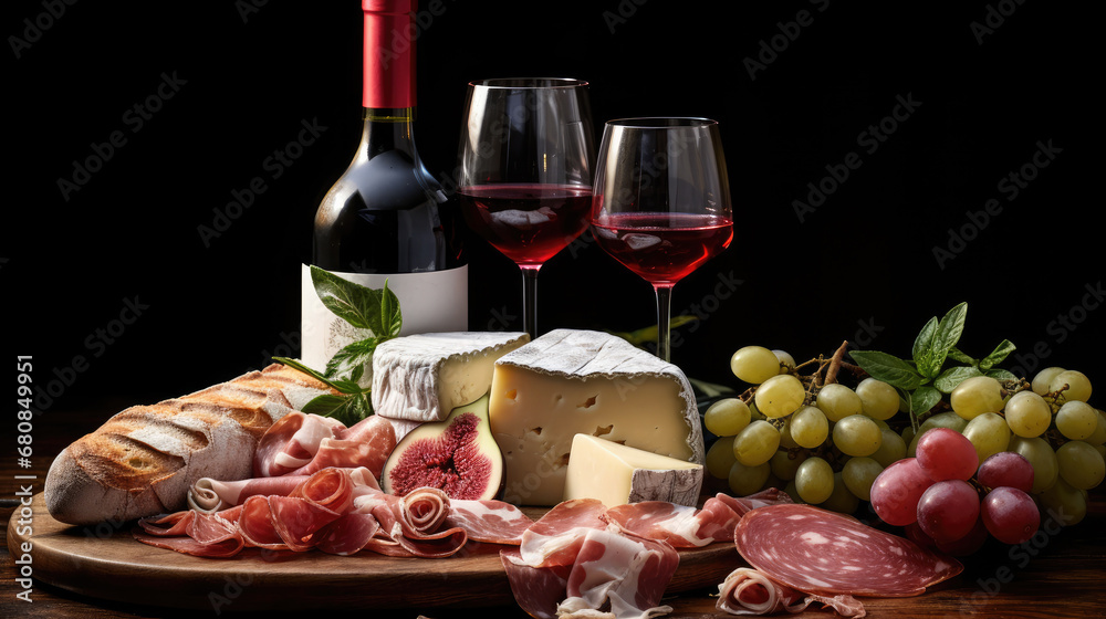 set of Red wine ,cheese and prosciutto on black background