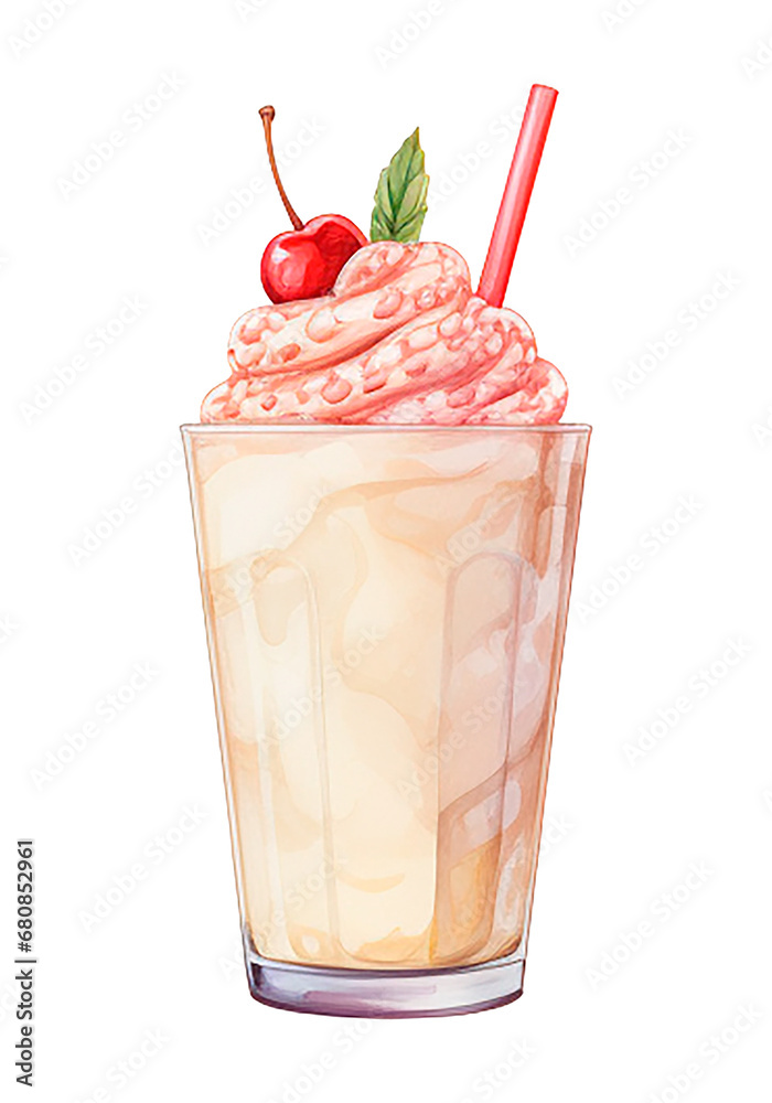 watercolor drawing, strawberry milkshake in a glass glass. illustration in vintage style